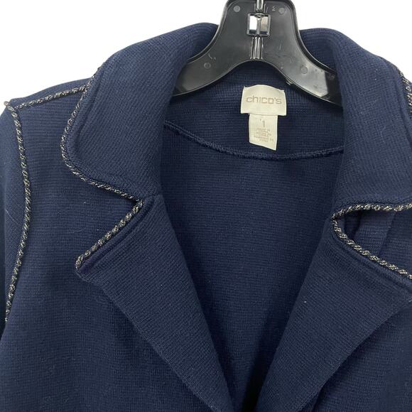 Chico's Moto Style Knit Jacket Navy Metallic Trim Womens 8 - Picture 3 of 6